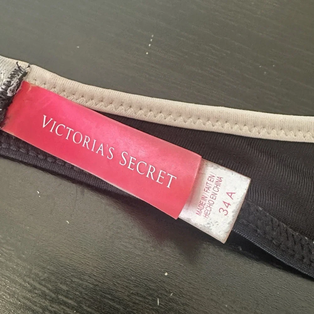 Victorias Secret Bikini Top Black Cream Halter Tie Bow Front 34a
